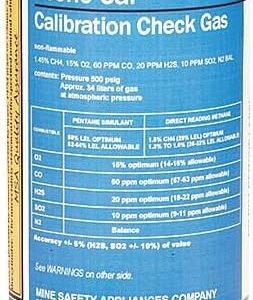 MSA Calibration Gas Cylinder, 34L, (CH4)-1.45%, (O2)-15%, (CO) 60 PPM, (H2S)-20 PPM , (SO2)-10 PPM Part Number:10098855